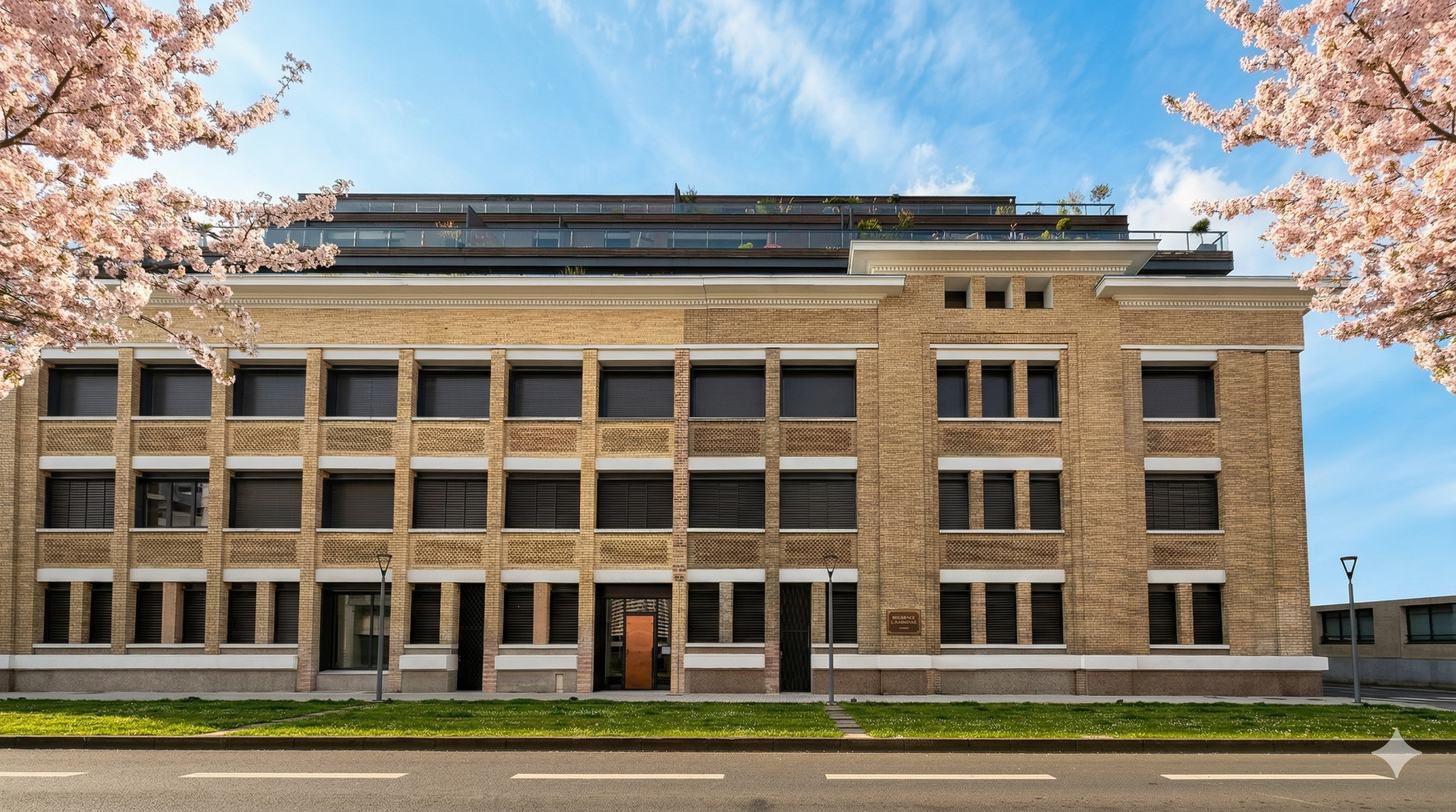 Fa&ccedil;ade Le Moli&egrave;re avec cerisiers en fleurs
